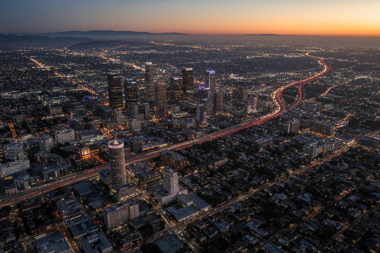 Aerial view of the Los Angeles skyline at dusk with illuminated skyscrapers and glowing traffic on the surrounding freeways.